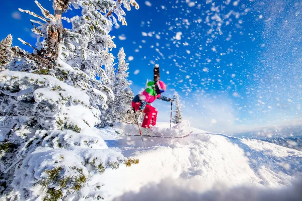 Vrouw skiër springen in roze ski 's op de achtergrond van blauwe lucht en besneeuwd bos in de bergen, stof uit de sneeuw — Stockfoto