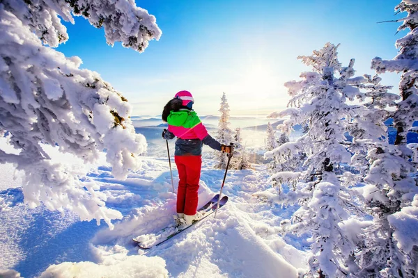 雪の森の中で冬の晴れた日には、美しい自然を歩くスキーヤー。スキー場のコンセプト — ストック写真