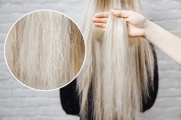 Textur beschädigter weiblicher Haare in Nahaufnahme auf grauem Hintergrund. Konzept Verlust Farbe und Protein — Stockfoto