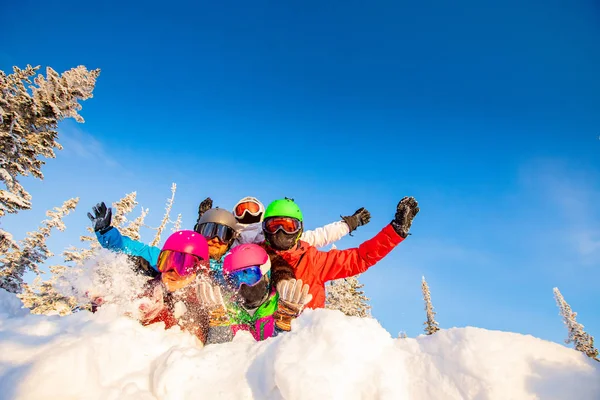 Bir grup mutlu arkadaş kış ormanında eğleniyor. Kar arabacıları ve kayakçılar takım arkadaşlığı kayak merkezi — Stok fotoğraf