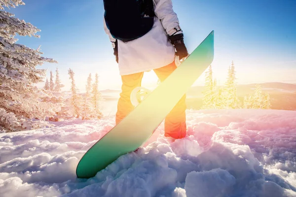 Woman snowboarder stands back snowboard on mountain top on sun light. Ski resort nature — Stock Photo, Image