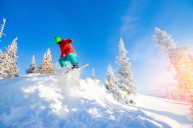 Snowboardcu adam mavi gökyüzüne karşı kış ormanlarında zıplıyor.