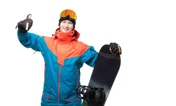 Szczęśliwy snowboardzista pokazując kciuk w górę na izolowanym białym tle — Zdjęcie stockowe