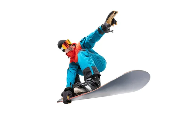 Portrait young man snowboarder jump move on snowboard isolated white background — Stock Photo, Image