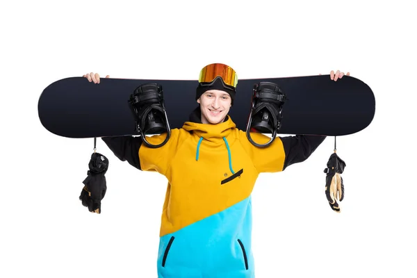 White isolated background with snowboard male snowboarder banner — Stock Photo, Image