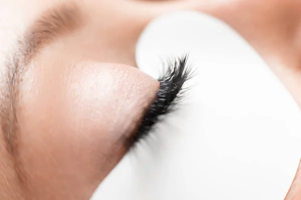 Eyelashes extensions procedure in spa beauty salon. Macro Beautiful eye with makeup white patch — Stock Photo, Image