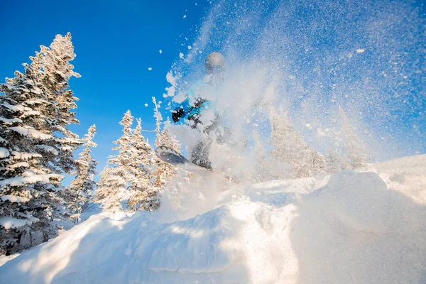 Snowboarder springt in vers sneeuwwoud. Freeride snowboarden in skigebied — Stockfoto