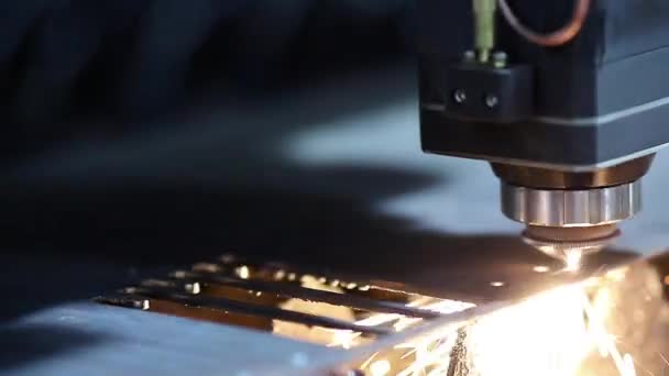 Blue color Laser CNC cut of metal with light spark, technology modern industrial — Stock Video