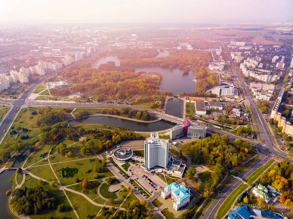 Minszk, Fehérorosz Köztársaság. Felülnézeti drón — Stock Fotó