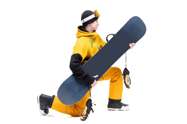 Man in sportswear with snowboard isolated white background banner — Stock Photo, Image