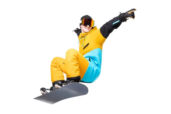 Portrait young man snowboarder jump move on snowboard isolated white background — Stock Photo, Image