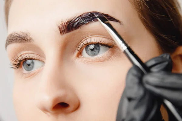 Meister Pinsel färben Henna Augenbrauen Frau im Schönheitssalon. Korrektur von Brauenhaaren — Stockfoto