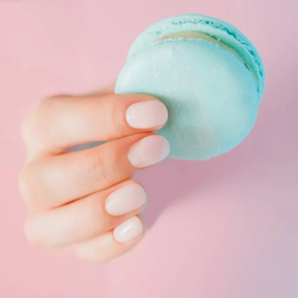 Elegante manicure feminina na moda em fundo rosa. Menina segura as mãos biscoitos macaron azuis através do buraco — Fotografia de Stock