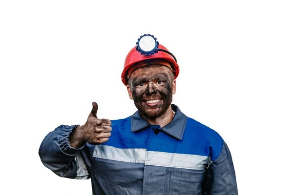 头戴红帽、头戴大拇指、体形出色、体格孤立的年轻男性采煤工人的画像 — 图库照片