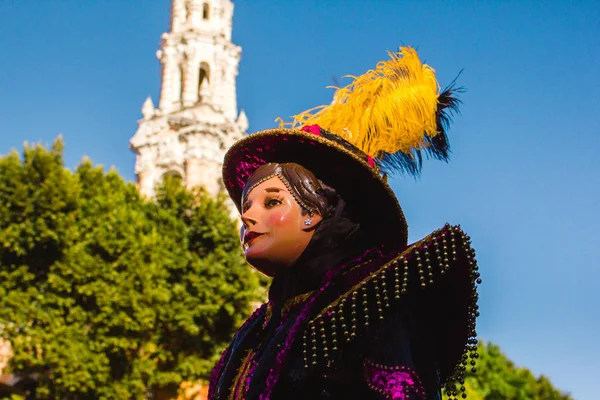 Huehue Meksyk Karnawał Tradycyjny Meksykański Strój Ludowy Maska Bogata Kolor — Zdjęcie stockowe