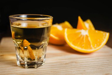 Portakal dilimleri ve solucan tuzu oaxaca Meksika Meksika içkiyle Mezcal