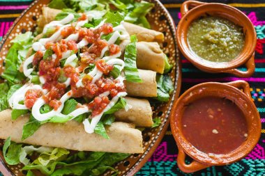 flautas de pollo, tacos and Salsa Homemade Mexican food mexico city clipart