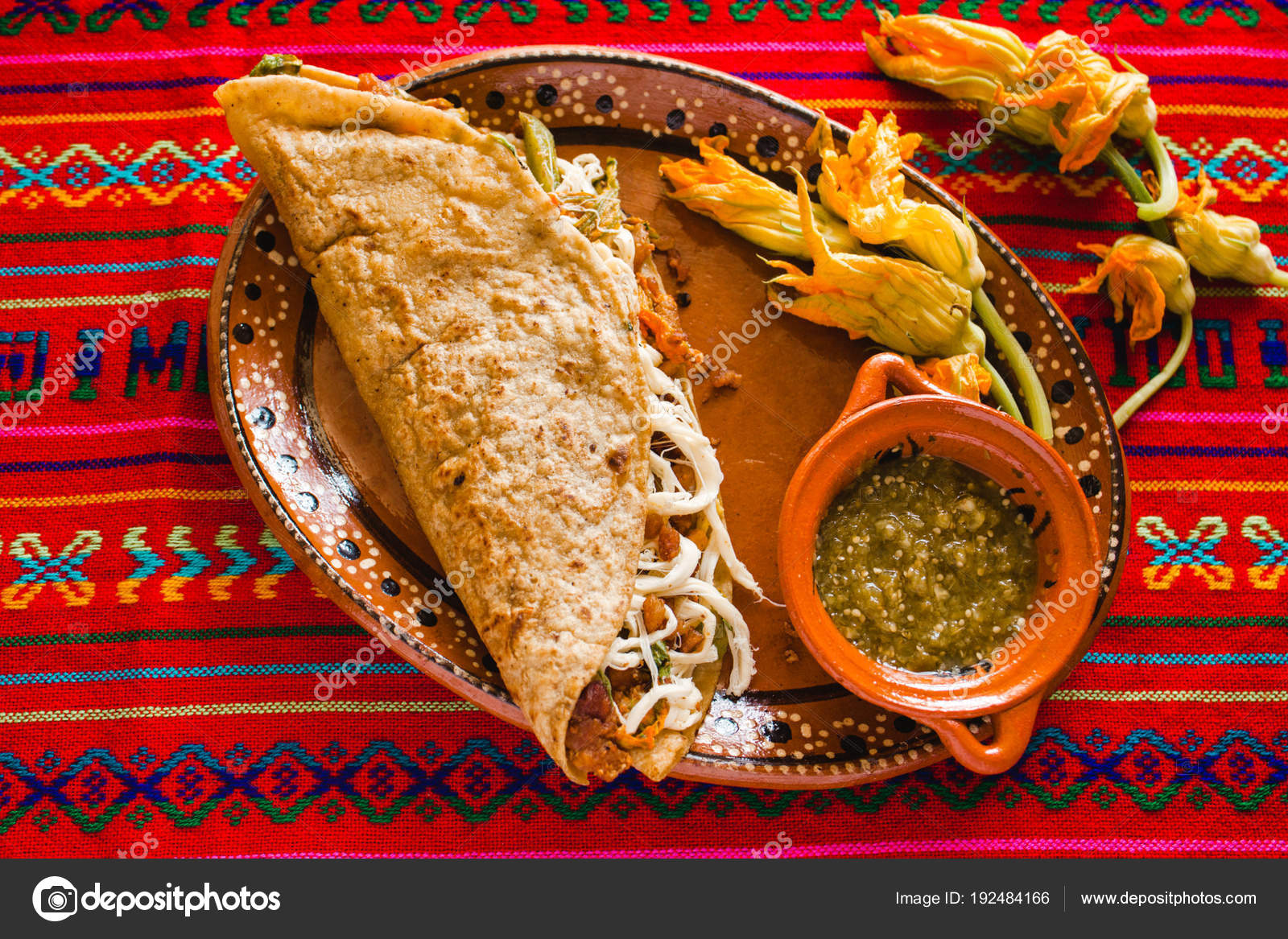 Mexican Quesadillas Squash Blossom Cheese Spicy Sauce Mexico Stock