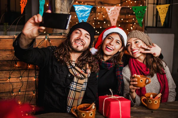 Mexican Posada Friends Celebrating Christmas Mexico Taking Photo Selfie — Stock Photo, Image