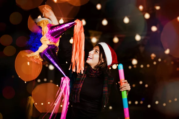 Mexican Christmas Hispanic Woman Holding Colorful Pinata Celebrating Traditional Posada — ストック写真