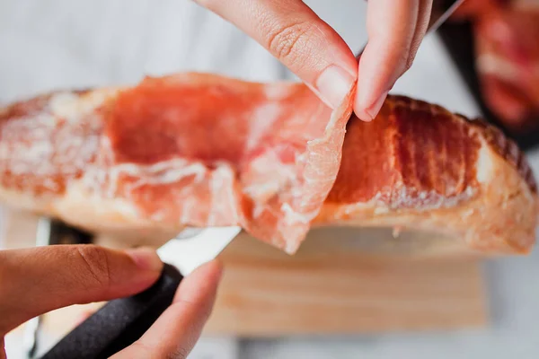 Jamon Serrano Traditional Spanish Ham Slicing Dry Cured Ham Spain — Stock Photo, Image