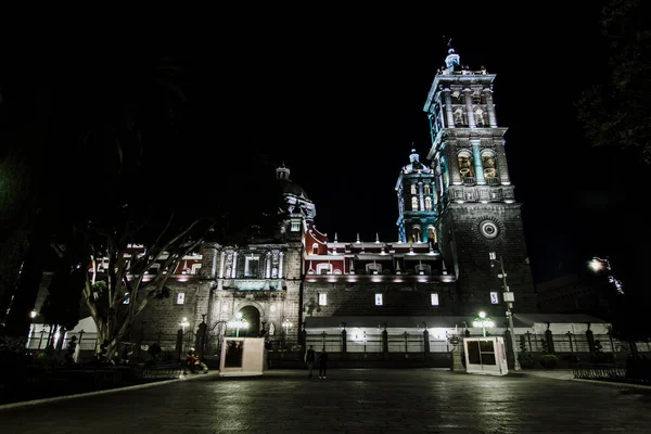Kathedrale Puebla Mexiko Bei Nacht Mexikanische Kolonialstadt — Stockfoto