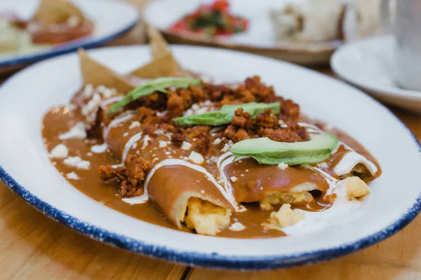 Enfrijoladas mexican enchiladas with beans, traditional food of Mexico gastronomy — Stock Image Enfrijoladas Mexican Enchiladas Beans Traditional Food Mexico Gastronomy Stock Photo