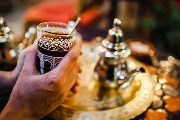 Traditional Arabic Tea Cup Arab People Drinking Tea Ramadan Royaltyfria Stockfoton