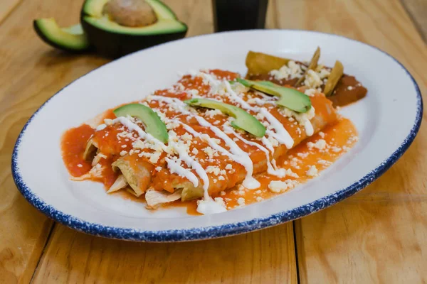 Red enchiladas mexican food with tomato sauce and cheese in mexico — Stock Image Red Enchiladas Mexican Food Tomato Sauce Cheese Mexico Stock Photo