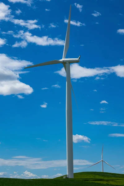 Single White Wind Turbine Rising Blue Sky — Stock Photo, Image