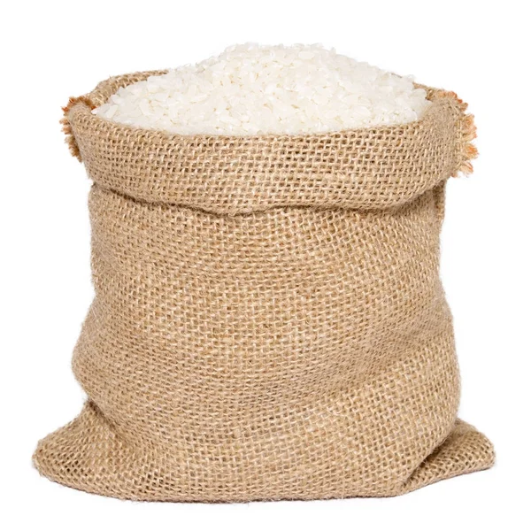 White rice in burlap sack — Stock Photo, Image