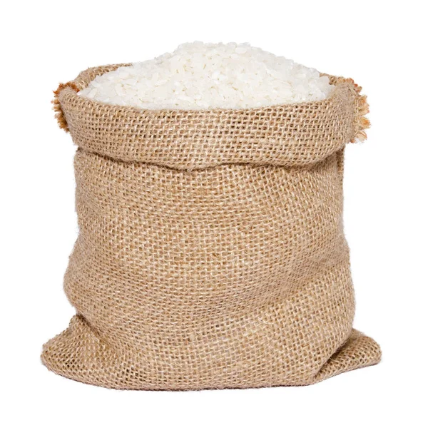 Άσπρο ρύζι σε σάκο λινάτσα — Φωτογραφία Αρχείου