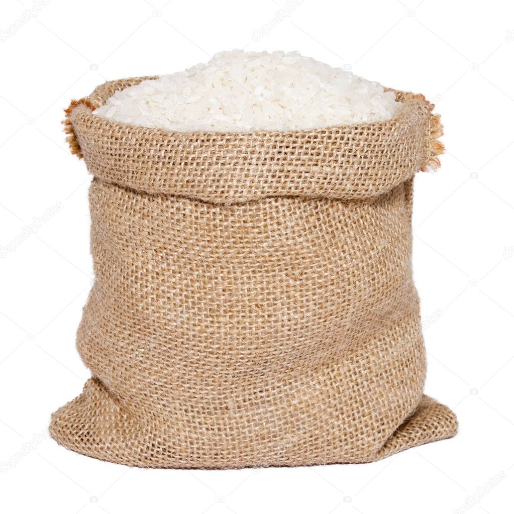 White rice in burlap sack