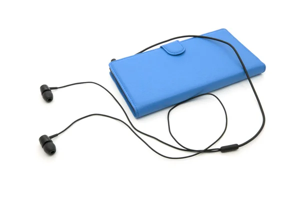 Ακουστικά με μπλε κινητό τηλέφωνο — Φωτογραφία Αρχείου