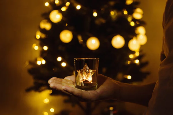 Kids Hands Holds Christmas Lantern Hands Lights Bokeh Background New — Stock Photo, Image