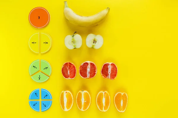 Colorful Math Fractions Apples Oranges Banana Sample Yellow Background Table — Stock Photo, Image