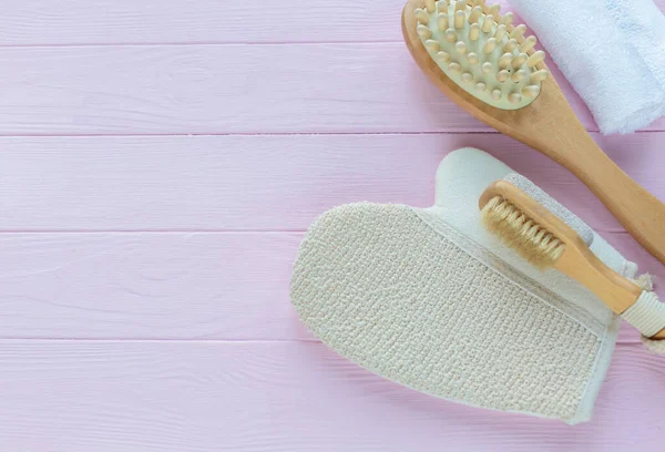 Close Wooden Massage Brushes Skin Body Care Pink Background Beauty — Stock Photo, Image