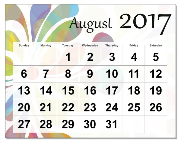 EPS10 файл. Август 2017 календарь . — стоковое фото
