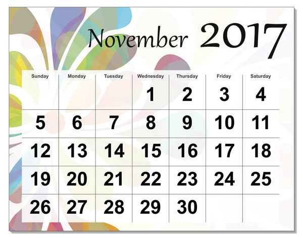 Файл EPS10. Листопад 2017 календар . — стокове фото