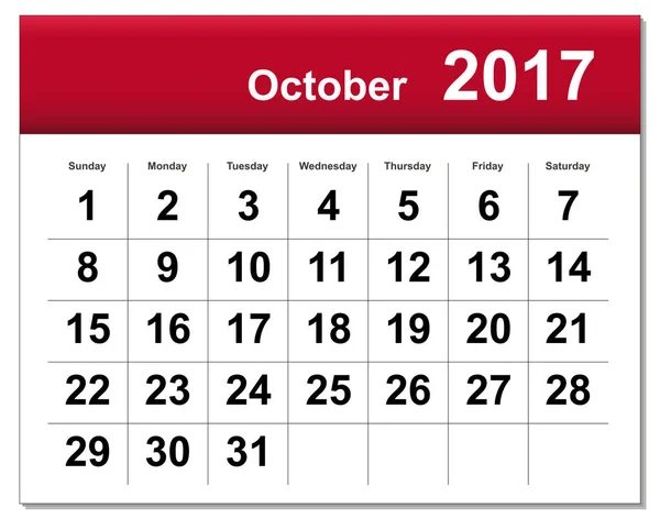 EPS10 file. October 2017 calendar. The EPS file includes the ver — Stock Photo, Image