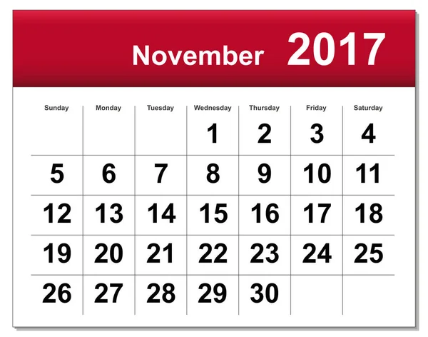 EPS10 file. November 2017 calendar. The EPS file includes the ve — Stock Photo, Image