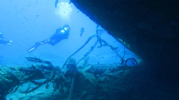 스쿠버 다이빙 합니다. 침 몰 선 — 스톡 사진
