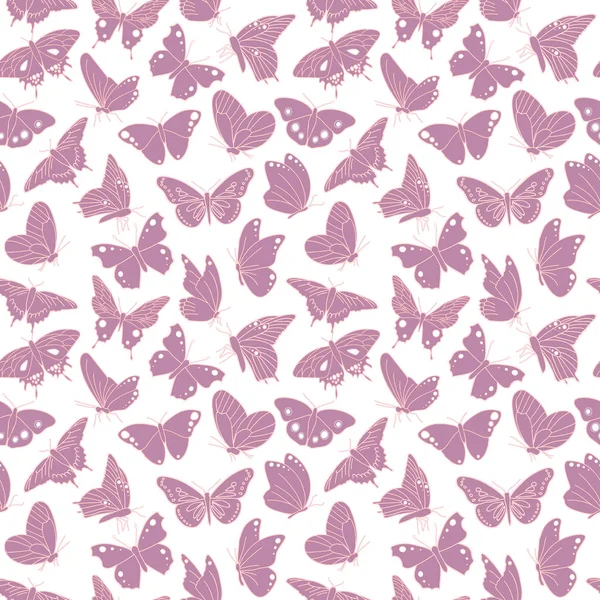Vector blanco y púrpura mariposas textura sin costuras patrón fondo ilustración — Vector de stock