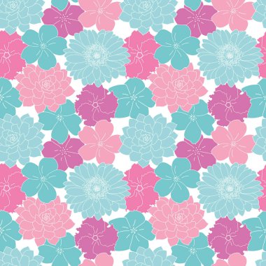 Vektör turkuaz ve pembe çiçekler pürüzsüz desenli beyaz arkaplan
