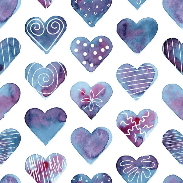 Vetor azul e rosa doodle aquarela corações sem costura fundo padrão — Vetor de Stock