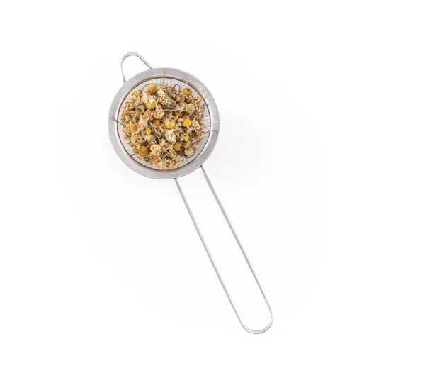 Dry chamomile tea petals - loose flowers in a infuser — Stock Photo, Image