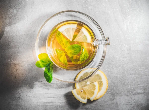 Teacup Mint Tea Leaves Cup Fresh Slice Lemon Isolated Gray — Stock Photo, Image