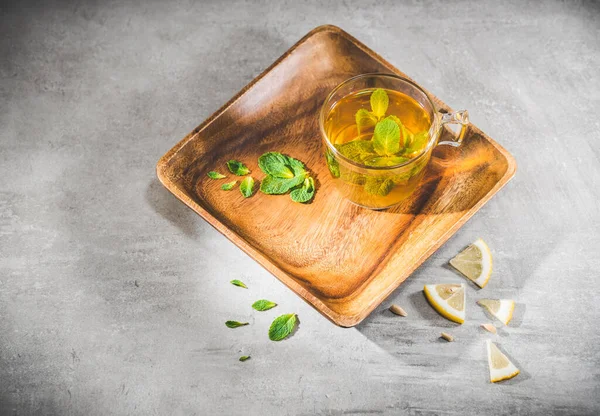 Fresh Herbal Tea Glass Cup Slice Lemon Isolated Gray Background — Stock Photo, Image