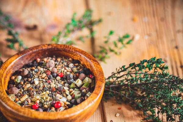 Closeup Spices in bowl. Mixed or various dried grains for food cooking. Culinary