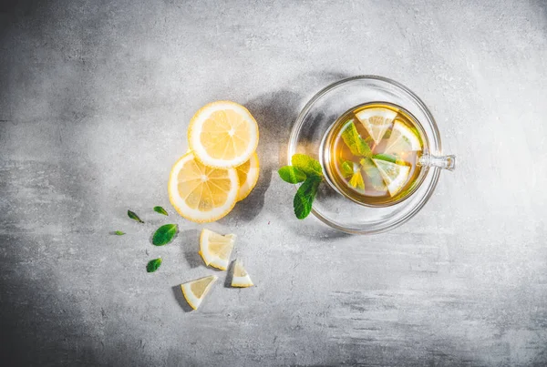 Mint Tea Leaves Cup Fresh Slice Lemon Gray Table Topview — Stock Photo, Image